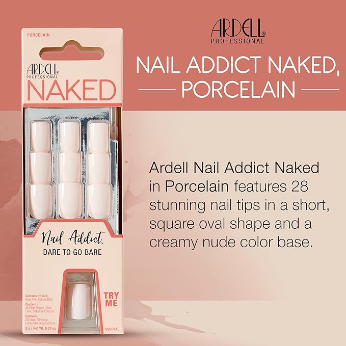Ardell Nail Addict Naked Porcelain, Press On Nails Short Square Oval Shape, Nail Kit, 1-Pack
