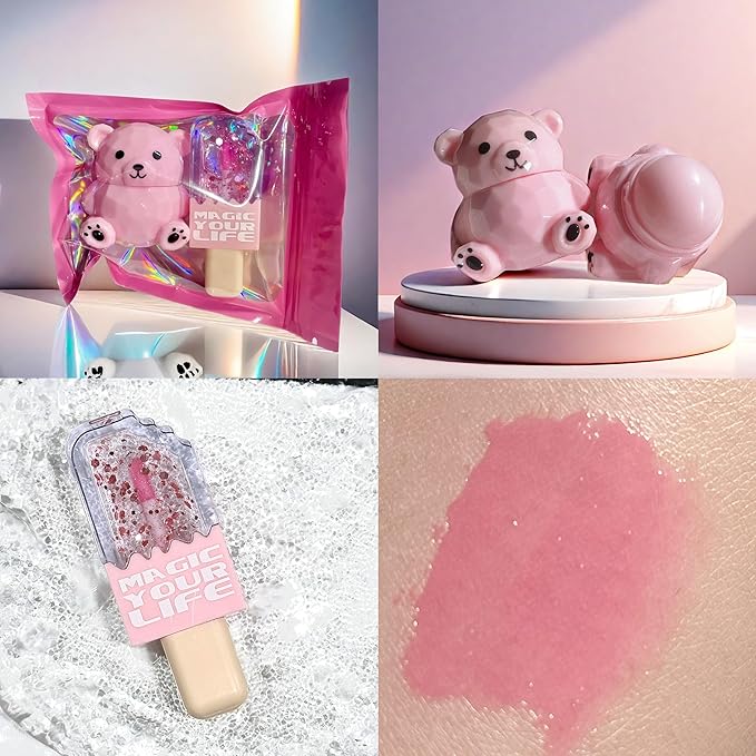 Bear Moisturizing Lip Balm & Lip Gloss Set - Oil Infused, Long-Lasting Lipstick & Gloss for Smooth Lips hydrating lip glow oil， Transparent Lip Oil Tinted, Reduce lip lines (Light pink suit, 1)