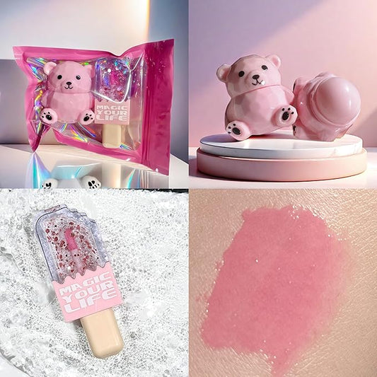 Bear Moisturizing Lip Balm & Lip Gloss Set - Oil Infused, Long-Lasting Lipstick & Gloss for Smooth Lips hydrating lip glow oil， Transparent Lip Oil Tinted, Reduce lip lines (Light pink suit, 1)
