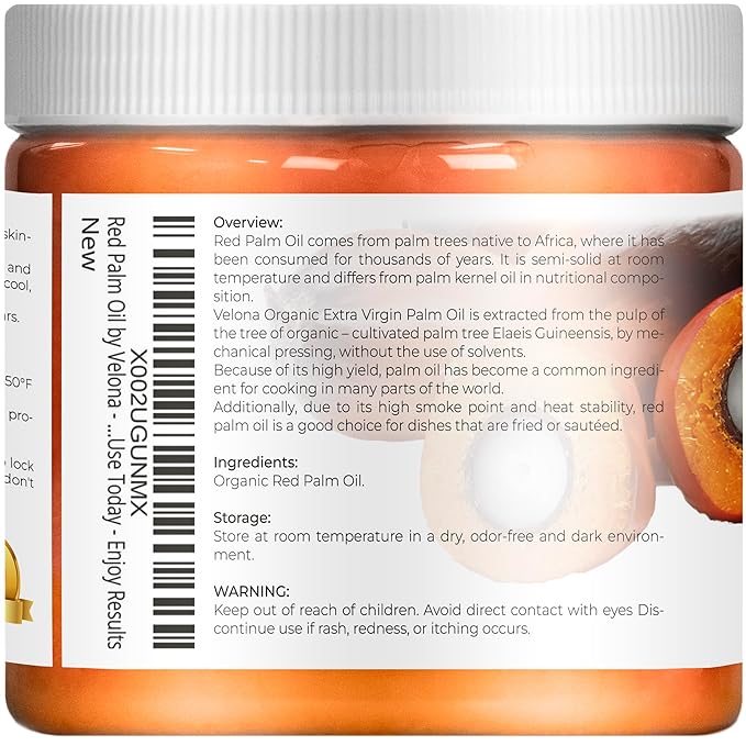 velona USDA Certified Organic Red Palm Oil 16 Fl Oz | Food and Cosmetic Grade | in jar | Extra Virgin, Cold Pressed | Skin, Face, Body, Hair Care | Use Today - Enjoy Results