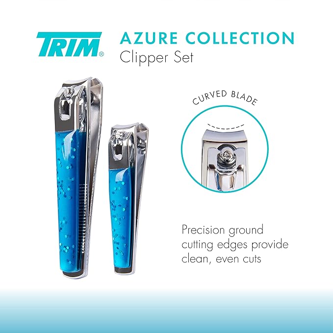 TRIM Azure Collection Bundle – for Removing Hair, Curling Lashes, Clipping & Filing Nails – Includes Slant Tip Tweezers, Eyelash Curler, Nail Clipper Set & Laser Cut Nail File – Blue Glitter Sparkle