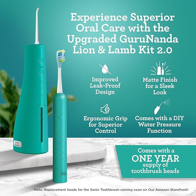 GuruNanda Lion & Lamb Kit 2.0, Electric Toothbrush with Water Flosser Combo, 4 Jet Tips, 4 Brush Heads, & IPX7 Waterproof Design for Complete Oral Care, Teal