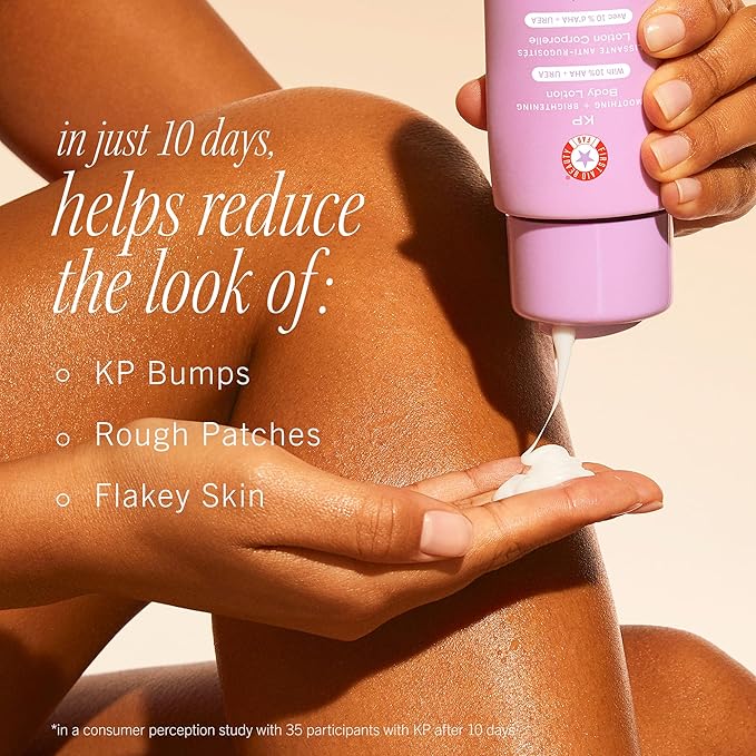 First Aid Beauty - KP Smoothing + Brightening Body Lotion with 10% AHA, Lactic Acid, Urea + Colloidal Oatmeal, Exfoliate + Moisturize, Banish Keratosis Pilaris Bumps, NEW Peach Scent (6. 7 fl oz)