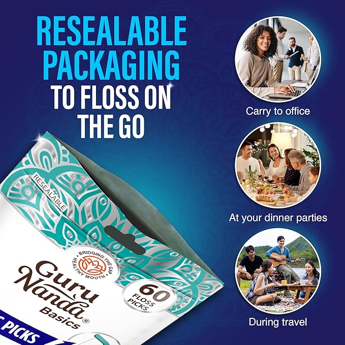 GuruNanda Fresh Floss Dental Picks - Non- Shred Thread with Angled Pick for Effective Plaque Removal - Dentist Recommened - Travel Friendly for Adults & Kids - 60 Pack