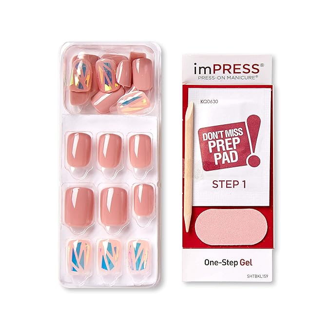 KISS imPRESS No Glue Mani Press On Nails, Design, 'Miracle', Pink, Short Size, Squoval Shape, Includes 30 Nails, Prep Pad, Instructions Sheet, 1 Manicure Stick, 1 Mini File