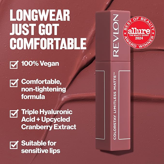 Revlon ColorStay Limitless Matte Liquid Lipstick, Vegan Formula, No-Budge, Longwear Lip Color, Long Lasting, Lightweight/Comfortable, Waterproof, 016 Extra Shot, 0.17 fl oz