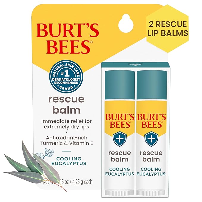 Burt's Bees 100% Natural Origin Rescue Lip Balm With Beeswax and Antioxidant-Rich Turmeric Promotes Healing Of Extremely Dry Lips, Cooling Eucalyptus, 2 Tubes in Blister Box(Pack May Vary)