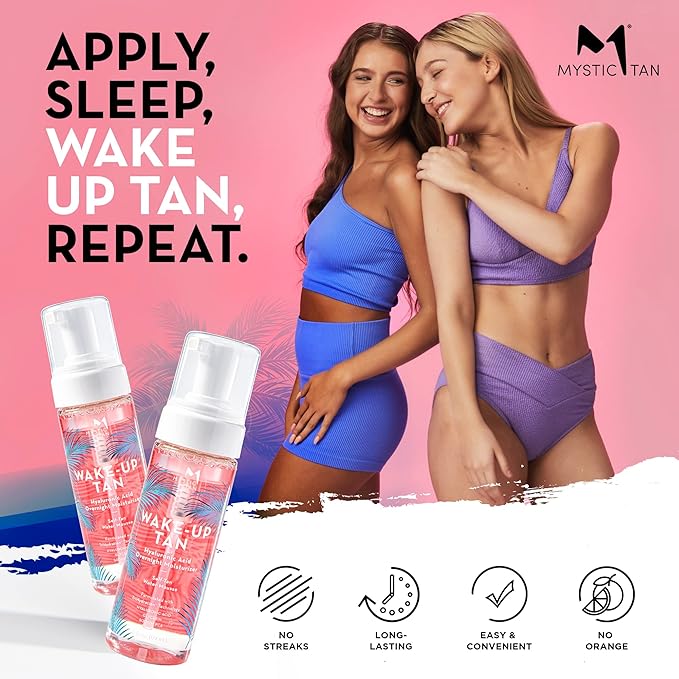 Mystic Tan Self Tanner Bundle: Wake-Up Tan Self Tanning Water Mousse, 5.5 fl. oz. + Blending Self Tan Kabuki Brush - Premium Hyaluronic Acid Overnight Moisturizer - Body and Face Tanner