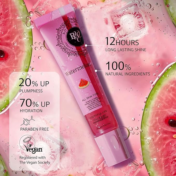 ROSÉE & CO Rosee Lip Gloss Vegan & Cruelty Free Treatment, Professional Make up, Long Lasting Glossy with Shea Butter, Moisturize, Protect & Smooth, High Shine, Non-Sticky (j. Watermelon, 0.5)