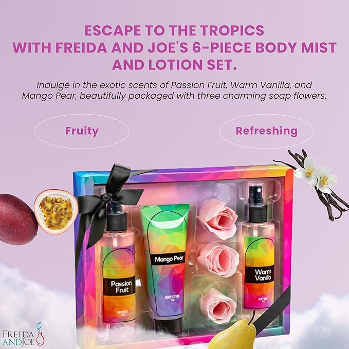 Fine Fragrance Body Mist & Body Splash Gift Set – Luxury Self-Care Combo for Women and Girls (Passion Fruit, Warm Vanilla, Mango Pear, Rose Soap) Mother’s Day Gift for Mom