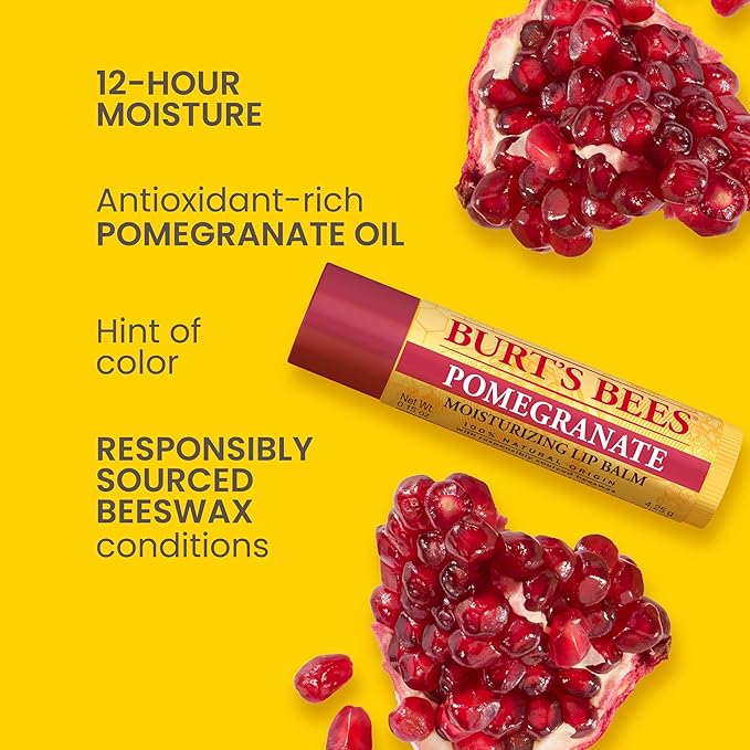 Burt's Bees Lip Balm, Pomegranate, Lip Moisturizer With Responsibly Sourced Beeswax, Tint-Free, Natural Conditioning Treatment, 1 Tube, 0.15 oz.