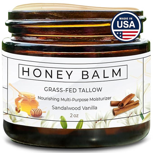 Tallow and Honey Balm, Organic Body Butter, Grass-Fed Beef Tallow for Skin, Soothing All-Natural Moisturizer for Body and Face | Made in USA - 2 oz (Sandalwood Vanilla)