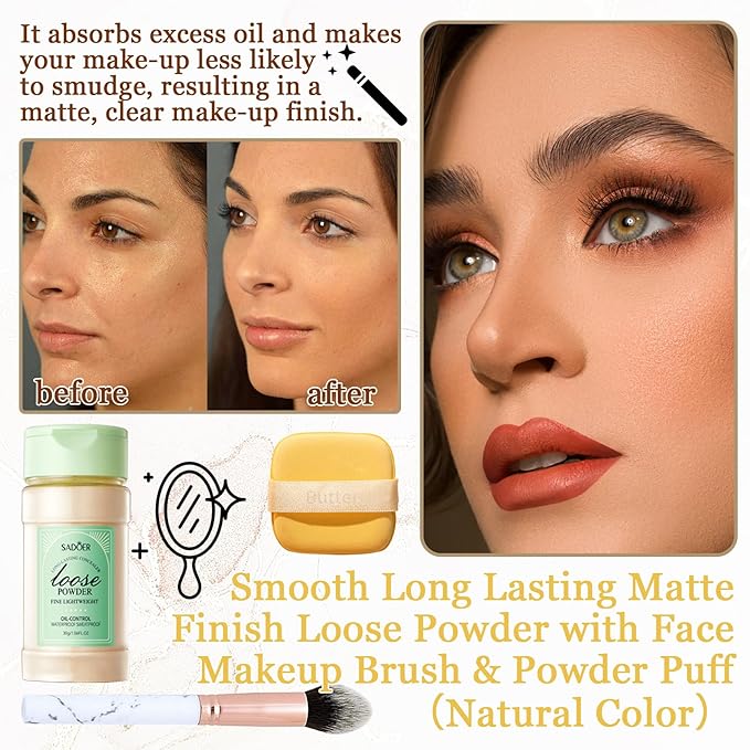 Lightweight Setting Powder,Waterproof Oil Control Translucent Face Powder,Smooth Puff（Natural Color）