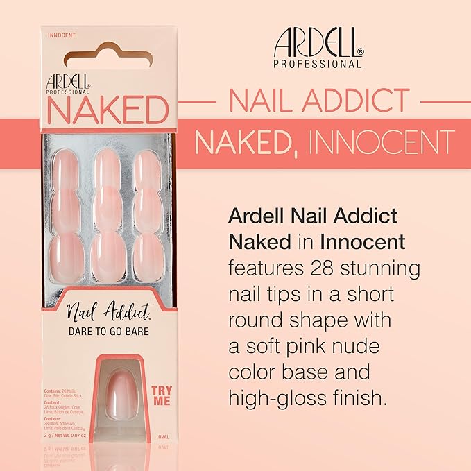 Ardell Nail Addict Naked Innocent, Press On Nails, Short Round Shape, Nail Kit, 1-Pack