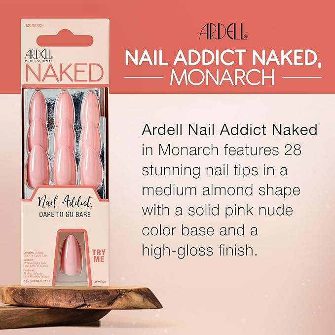Ardell Nail Addict Naked Monarch, Press On Nails, Medium Almond Shape, Nail Kit, 1-Pack