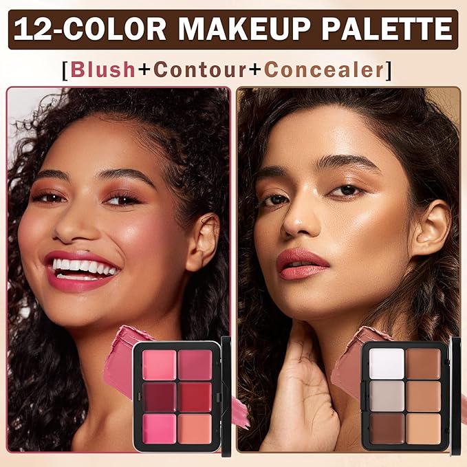 12 Colors Cream Blush Palette Cream Concealer Foundation Palette,Natural Matte Face Makeup Palette with Brush