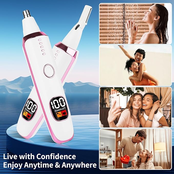 2025 Rechargeable Nose and Ear Hair Trimmer With LED Dispaly for Women Men,4 in 1 Painless Eyebrow & Facial Hair Trimmer with Powerful Motor,Ladies Wet & Dry Electric Razor for Travel (Pink)
