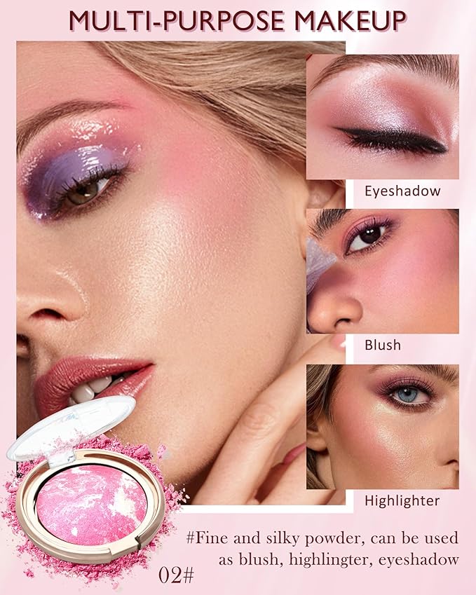 Baked Powder Blush, Glow Marbleized Blush Powder Palette,Lightweight Shimmery Facail Blusher for Face Cheeks,Eyeshadow & Highlight,Makeup Gift for Women rubores de maquillaje(0.49Ounce)-02