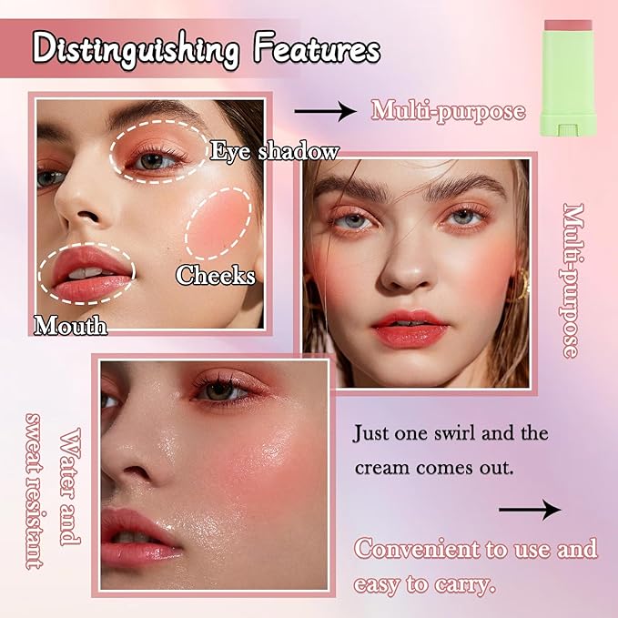 Cream Blush Stick for Cheeks,Blendable Multi-use Blush Makeup