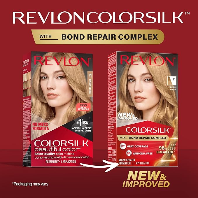 Revlon ColorSilk with Bond Repair Complex, Blonde Permanent Hair Color, 100% Gray Coverage, Ammonia Free Hair Dye, Vegan Keratin, 71 Golden Blonde (Pack of 3)