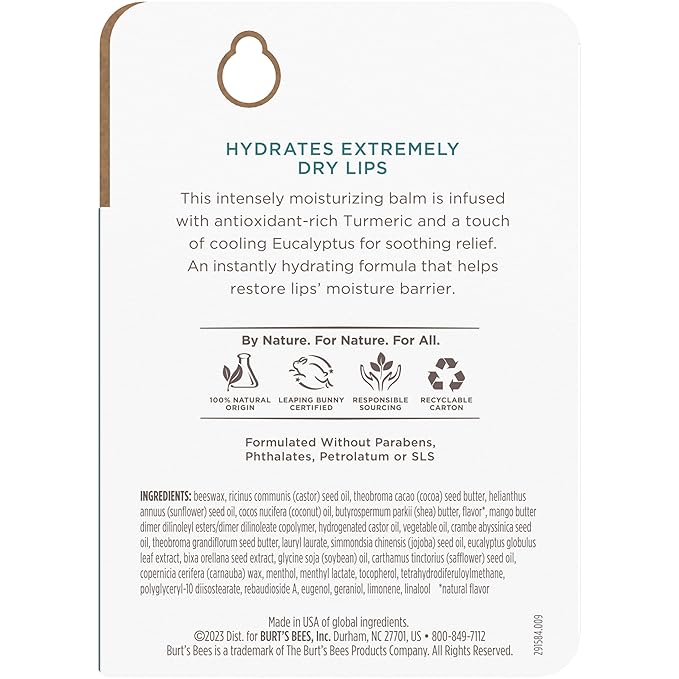 Burt's Bees 100% Natural Origin Rescue Lip Balm With Beeswax and Antioxidant-Rich Turmeric Promotes Healing Of Extremely Dry Lips, Cooling Eucalyptus, 2 Tubes in Blister Box(Pack May Vary)