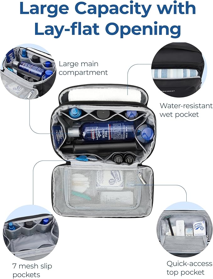 BAGSMART Toiletry Bag for Men, Wide Opening Travel Bag for Toiletries, Dopp Kit Water Resistant Shaving Hygiene Bag for Bathroom Shower, Toiletries Accessories,Travel Essentials (Navy Blue)