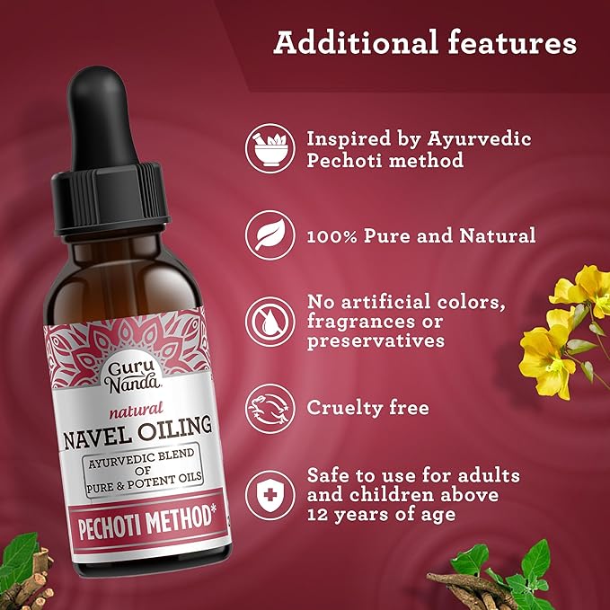GuruNanda Navel Oiling – Ayurvedic Belly Button Oil with Castor, Neem & Vitamin E | Supports Digestion, Detox, Hydration & Stress Relief | 100% Natural & Pure | 2 fl oz