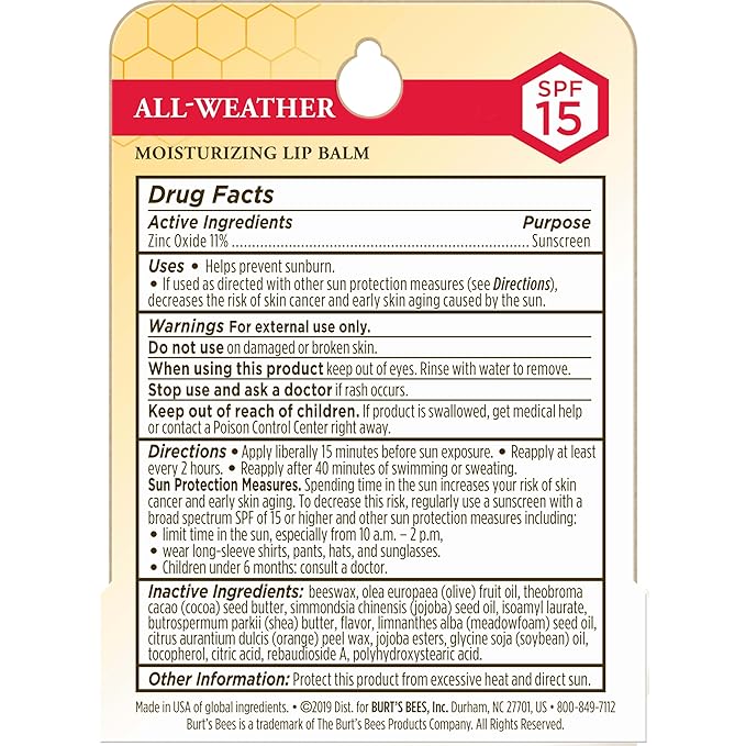 Burt's Bees All Weather SPF 15 Lip Balm, Water-Resistant Lip Moisturizer, Tint-Free, Natural Conditioning Lip Treatment, 1 Tube, 0.15 oz.