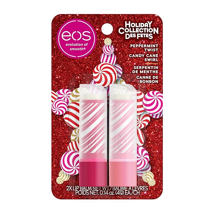 eos Holiday Lip Balm Sticks- Peppermint Twist & Candy Cane Swirl, Limited-Edition Skincare, Stocking Stuffers, 0.14 oz, 2-Pack
