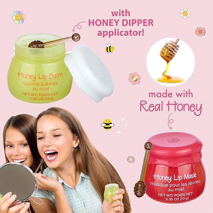 2pc Honey Lip Balm & Lip Mask Set -Simply Sweet Real Honey Jar w/Dipper Applicator Sticks | Safe and Non-Toxic Lip Gloss Gift Set For Girls