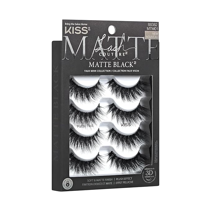 KISS Lash Couture Matte Black Faux Mink Eyelashes Multipack, Matte Twill, Black, Natural Looking, Cruelty-Free & Vegan, Holds Curl, Comfortable, Seamless, Knot-Free Band | 4 Pairs