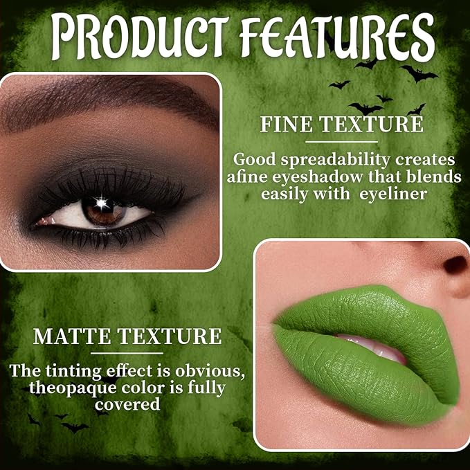 Green Matte Liquid Lipstick Set with Black Eyeshadow Powder, Halloween Goth Lip Gloss Waterproof Longlasting DIY Cute Unique Makeup Lip Stain for Rave Festival Accessories Cosplay Party