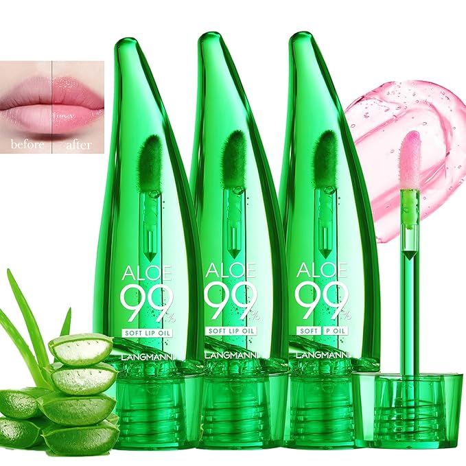 Lip Balm, 3PCS Aloe Vera Long Lasting Nutritious Lip Oil, Color Changing Tinted Lip Balm Set, Natural Plumping Hydrating, Easy Brush Application, Cute Portable Design, Unisex