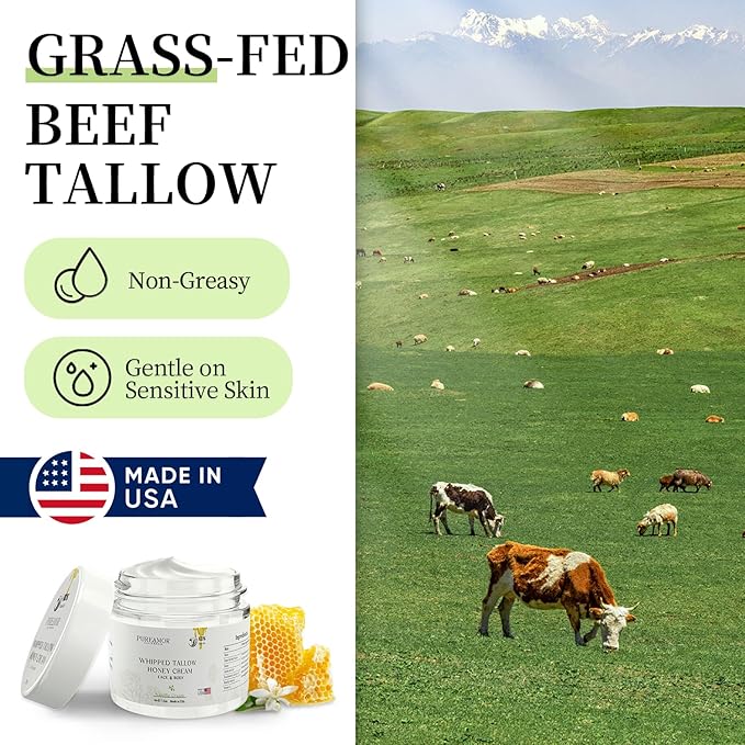 Grass-Fed Beef Tallow for Skin Made in USA, Absorbent, Soothing Tallow and Honey Balm, Smoother Beef Tallow for Face, Whipped Beef Tallow Moisturizer, Tallow Cream (2oz. Vanilla Scented)