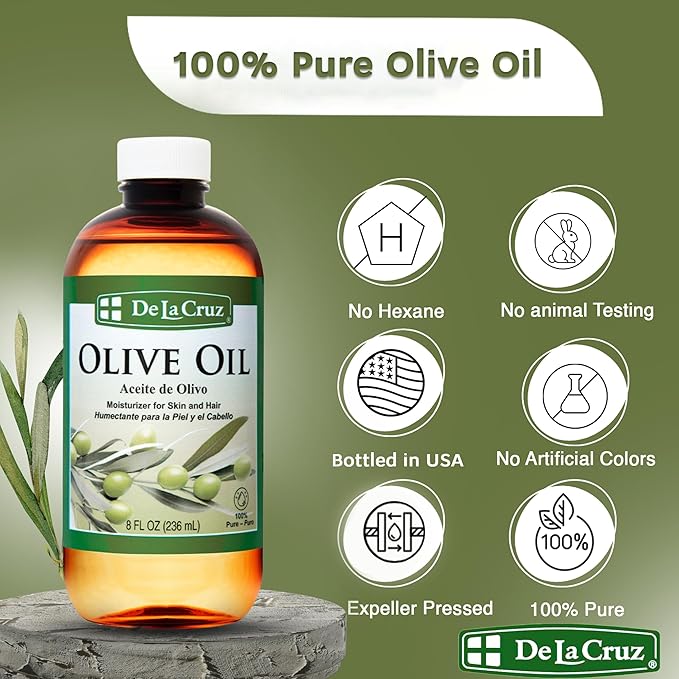 De La Cruz Pure Olive Oil - Natural Expeller Pressed Olive Oil for Hair and Skin - Lightweight Body Oil for Dry Skin 8 Fl Oz