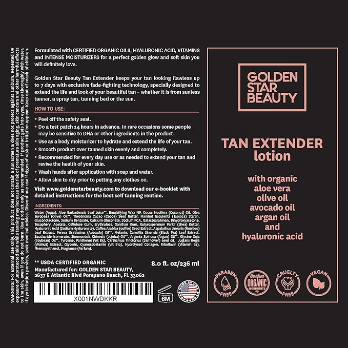 Tan Extender Daily Moisturizer - Best After Tanning Lotion w/Organic Oils and Hyaluronic Acid to Extend Your Tan from Sunless Tanner, Spray Tan, Sun or Tanning Bed 8.0 fl.oz.- Booklet included
