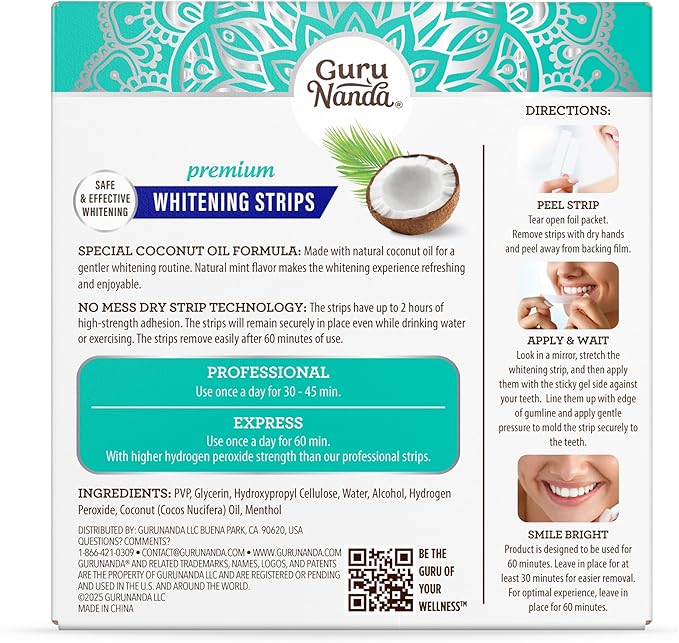 GuruNanda Teeth Whitening Strips - 7-Day Treatment with Non-Slip, Dry Strip Technology - Whitening Designed with Care for a Brighter Smile