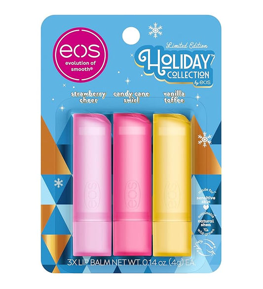 eos Holiday Lip Balm Gift- Strawberry Cheer, Candy Cane Swirl & Vanilla Toffee, Stocking Stuffers, All-Day Moisture Lip Care, 0.14 oz, 3 Count