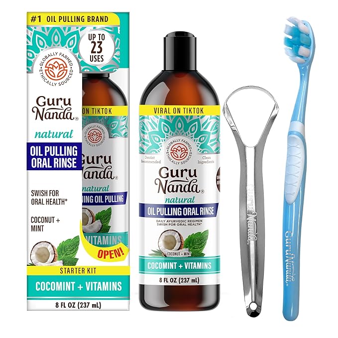 GuruNanda CocoMint Oil Pulling Mouthwash for Complete Oral Hygiene, 7 Essential Oils & Vitamins for Happy Teeth & Gums & Fresh Breath , Alcohol-Free, 8 oz