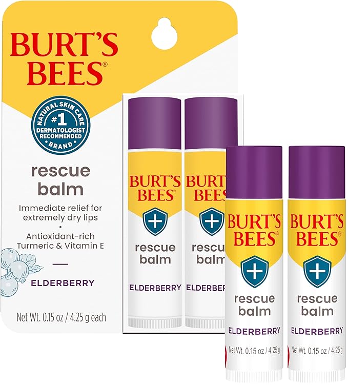 Burt's Bees Rescue Balm Elderberry Lip Balm, With Antioxidant-Rich Elderberry, Tint-Free, Natural Origin Lip Care, 2 Tubes, 0.15 oz.