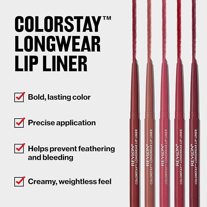 Revlon Colorstay Lip Liner with Built-In Sharpener, Valentine's Day Makeup Gifts for Women, Longwear Rich Colors, Smooth Application, 655 Rose, 0.01 oz