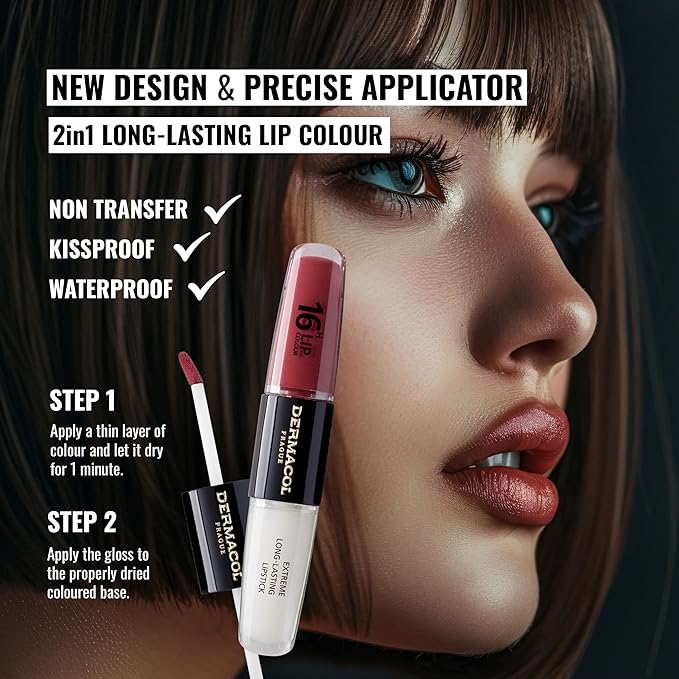 Dermacol NEW 16-Hour Lip Colour, Highly Pigmented Glossy Lip Stain, Two-Phase Lip Plumper Gloss, Kissproof Lip Makeup Products with Matte and Glitter Finish, n.28