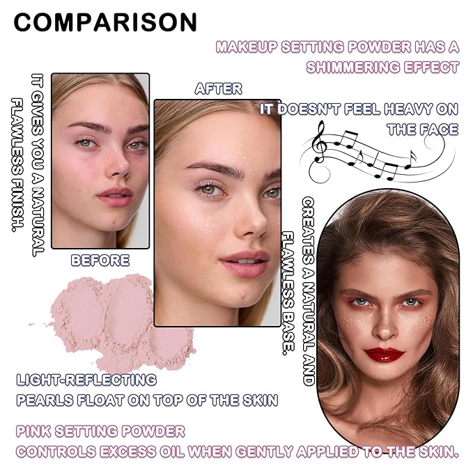 Pink Setting Powder,Oil Control Makeup Powder Shimmer Loose