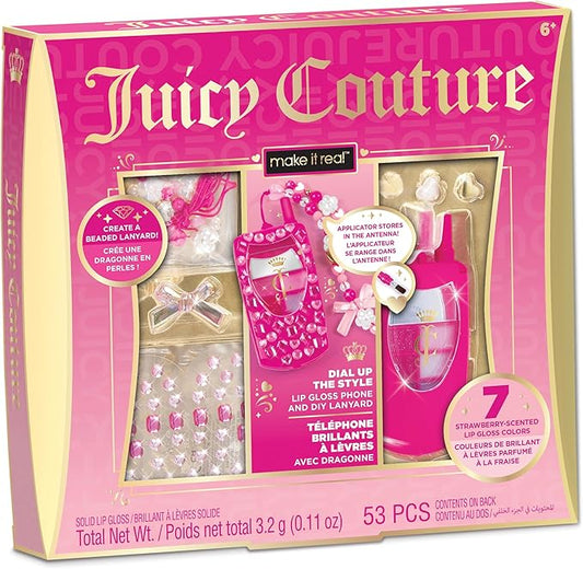 Make It Real Juicy Couture Lip Gloss Dial Up The Style Phone & DIY Lanyard - 7 Strawberry-Scented Lip Gloss Colors, Create Beaded Lanyard & Decorate with Gems for Girls Ages 6+