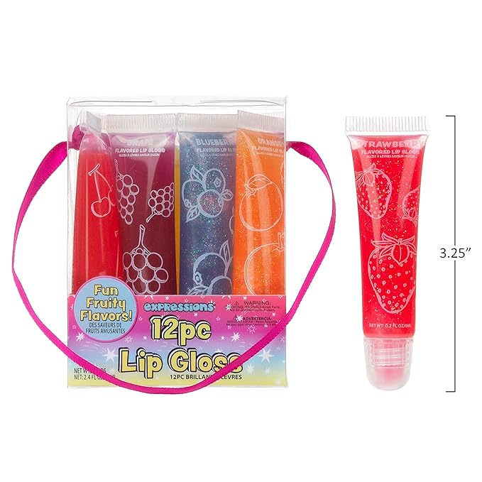 Expressions 12 pc Lip Gloss Set, Flavored Lipgloss Squeeze Tubes with Carrying Case, Lip Gloss Set Value Pack, Assorted Fruit Flavored Lip Glosses, Kid-Friendly Non Toxic Makeup (12)