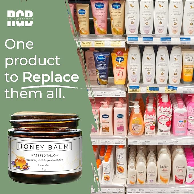 Tallow and Honey Balm, Organic Body Butter, Grass-Fed Beef Tallow for Skin, Soothing All-Natural Moisturizer for Body and Face | Made in USA - 2 oz (Lavender)