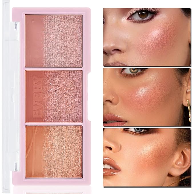 3 Colors Blush Palette，Blush Powder for Cheeks Makeup，Glitter