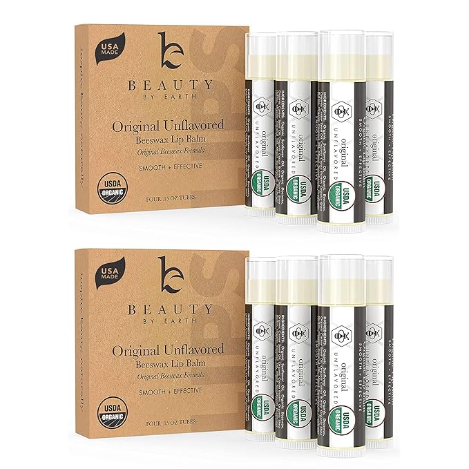 USDA Organic Lip Balm - USA Made with Natural Ingredients, 4 Pack Unflavored Chapstick for Dry Lips, Birthday Gifts for Her & Him, Lip Balm Hydrating Beauty Gifts, Lip Moisturizer, Mens Gift Ideas