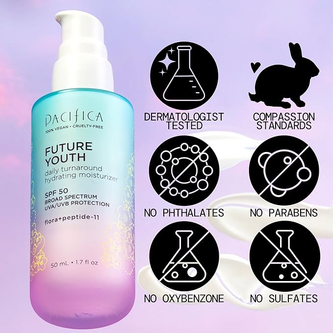 Pacifica Peptide Face Moisturizer Future Youth Daily Turnaround Hydrating, SPF 50 Broad Spectrum, UVA/UVB Sun Protection, Sunscreen, Face Moisturizer, Anti-Aging, Vegan, 1.7 fl oz (1 Count)