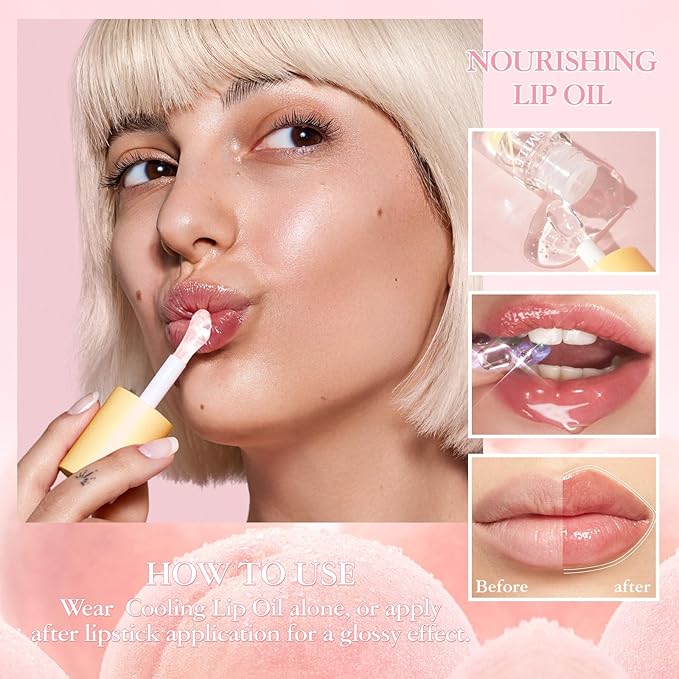 Hydrating Lip Oil, 4Pcs Plumping Lip Glow Oil Set, Fruit Extract Lip Oil Set Tinted for Dry Lip, Shiny and Moisturizing Transparent Lip Oil Gloss